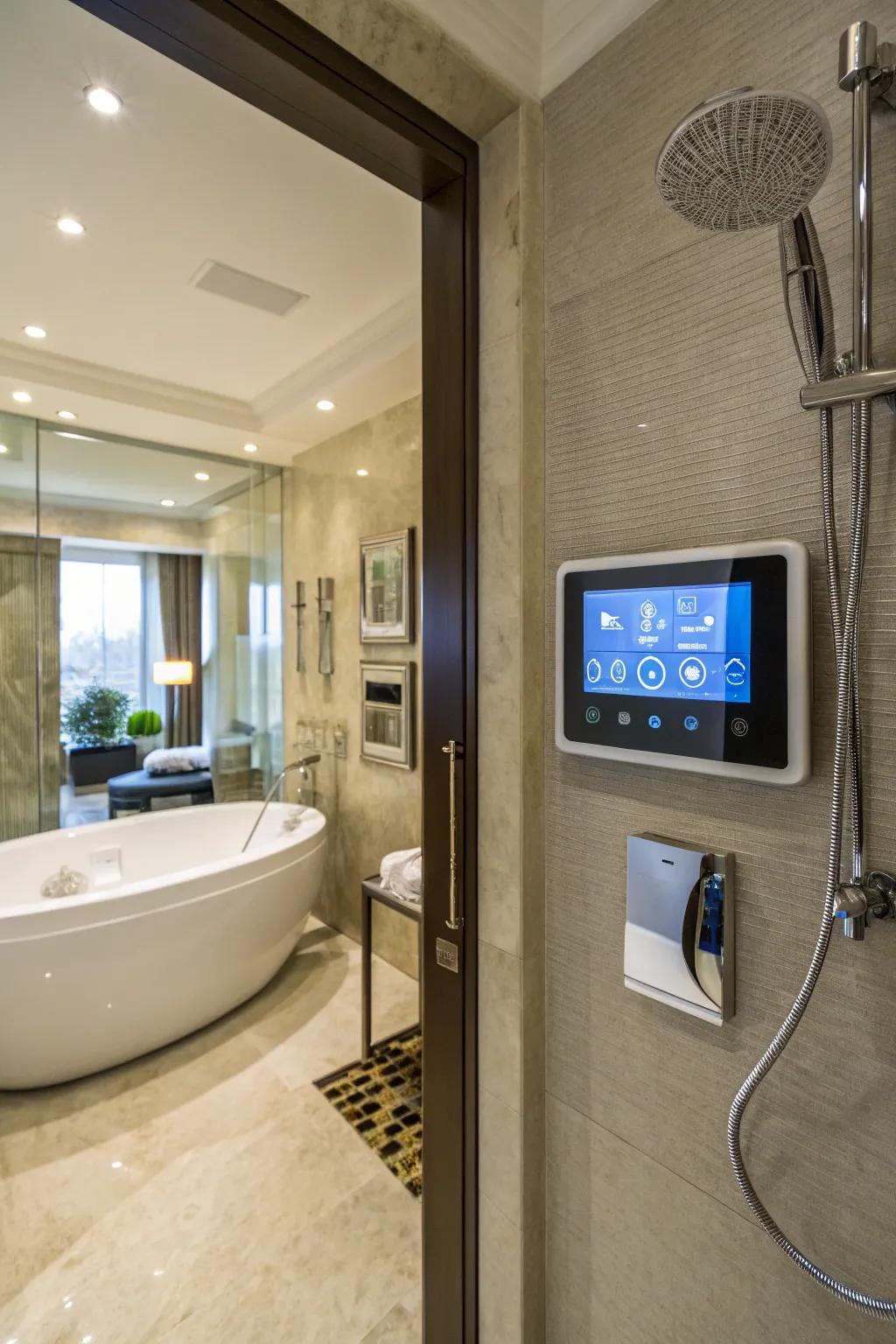 A luxurious bathroom featuring automated technology for a modern touch.