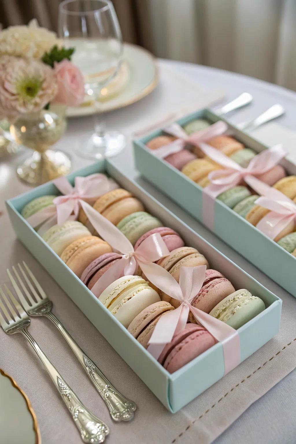Elegant boxed macarons with ribbons.