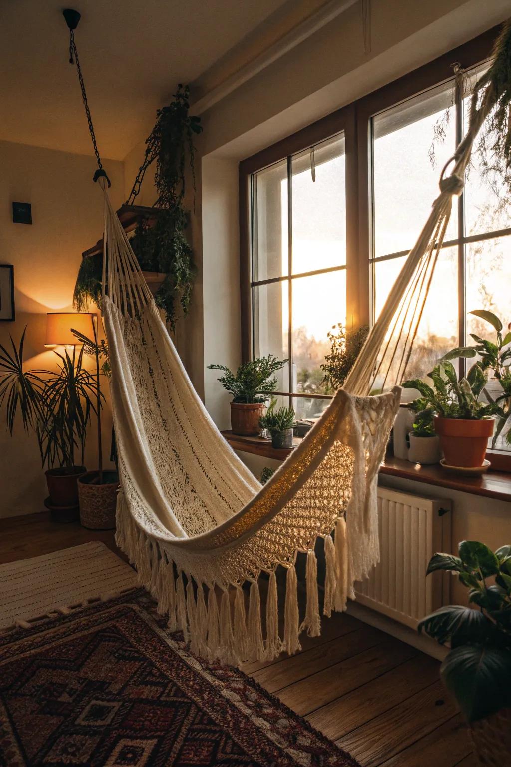 A knotwork hammock providing a peaceful escape.