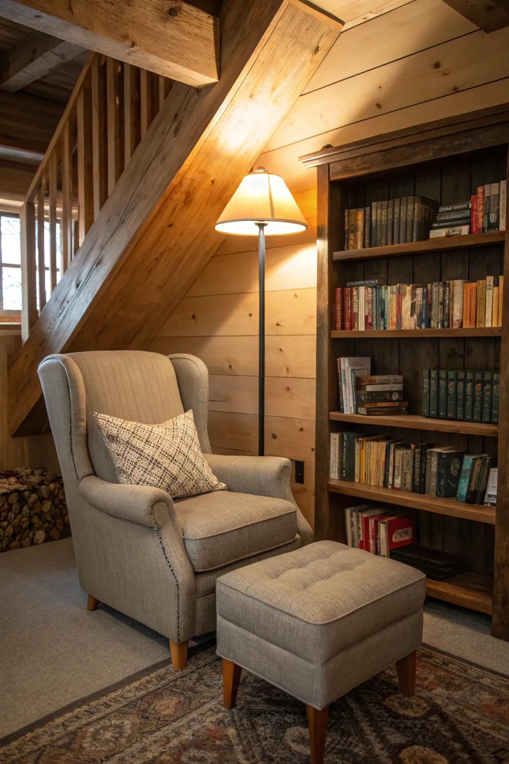 A cozy reading corner adds a quiet haven in this man cave.