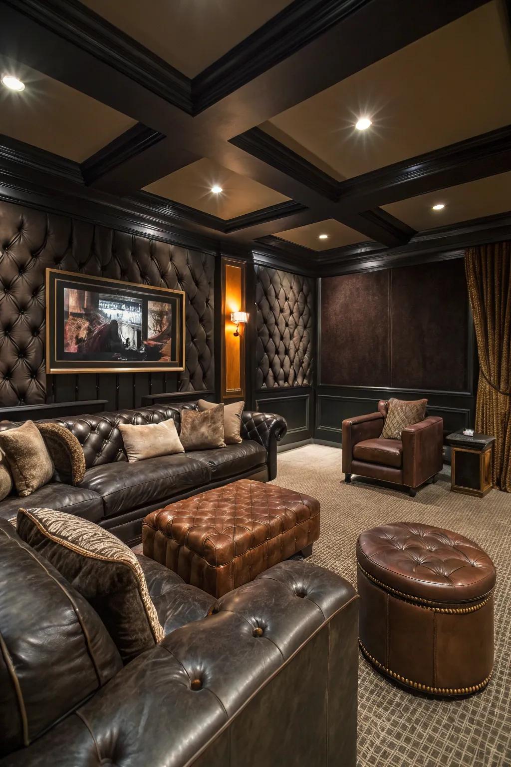 Luxe textures deepen the man cave's depth.