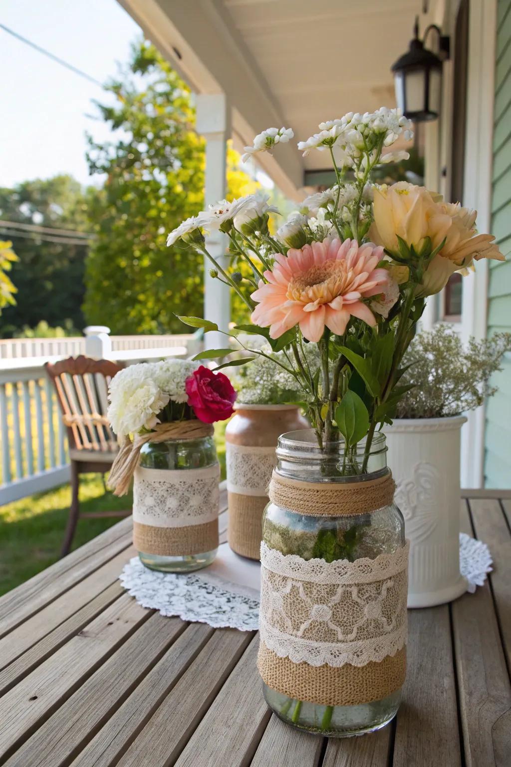 Use fabric-wrapped glass preserving jars for a rustic elegance.