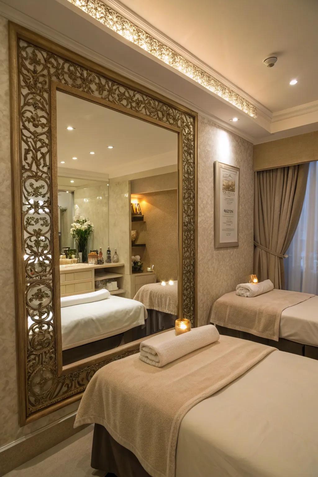 A decorative mirror joins depth and elegance to this massage room.