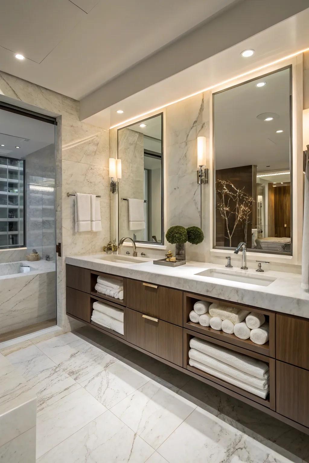 The floating vanity adds a modern touch, improving the spacious sensation of this bathroom.