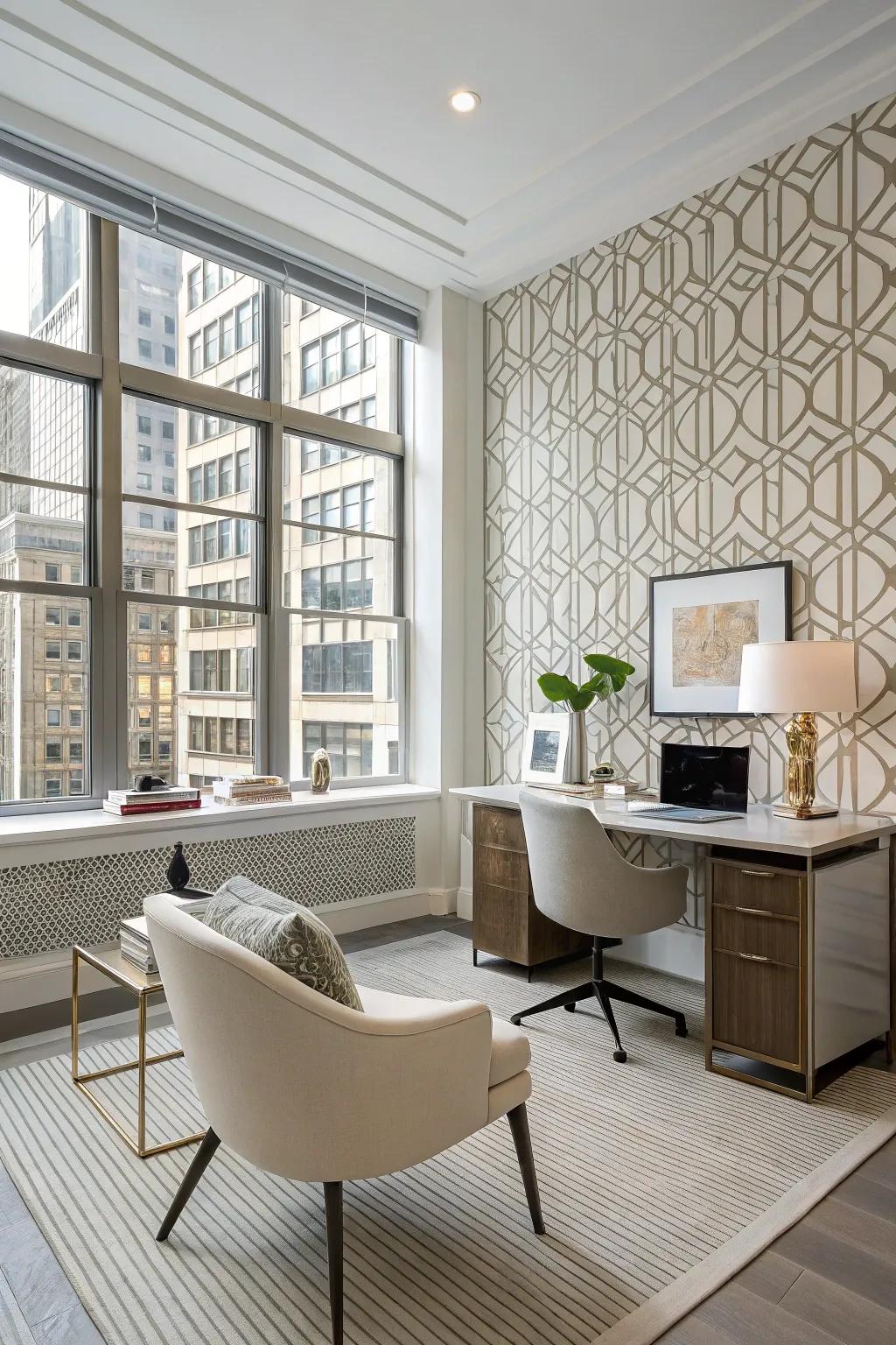 Geometric pattern wallpaper adds drama to a sophisticated office.