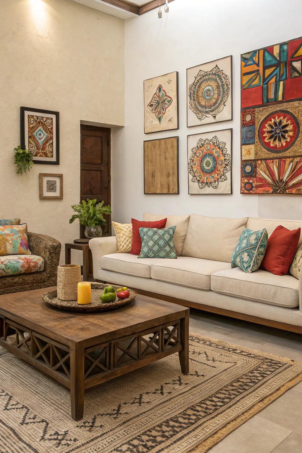 Neutral furniture grounds vibrant décor in this maximalist room.