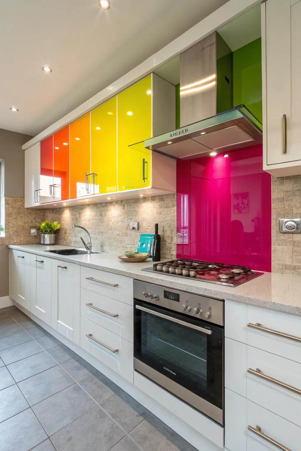 A kitchen featuring vibrant colored metal backsplash panels.
