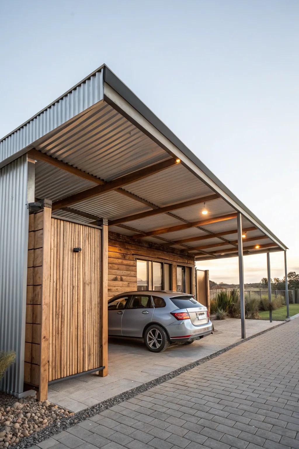A rustic-modern carport delivers a harmonious mix of textures and designs.