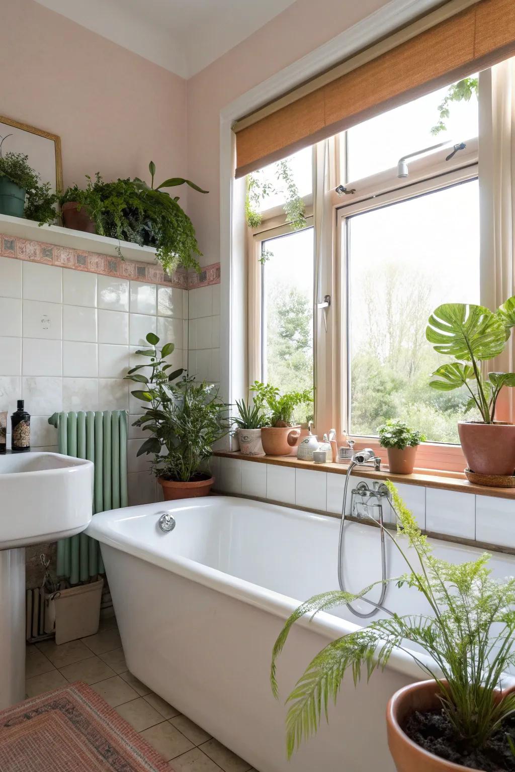 Potted plants enhance the natural feel of the bathroom.