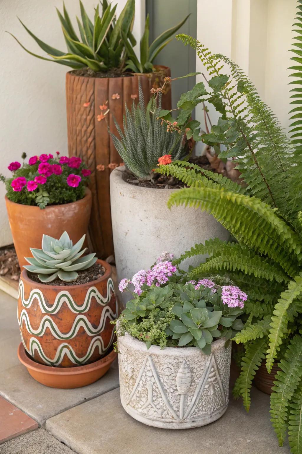 A lively display of plants with diverse textures and patterns.