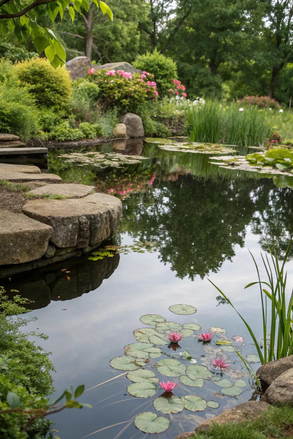 A mirror at the bottom of a mini pond makes for crazy reflections.