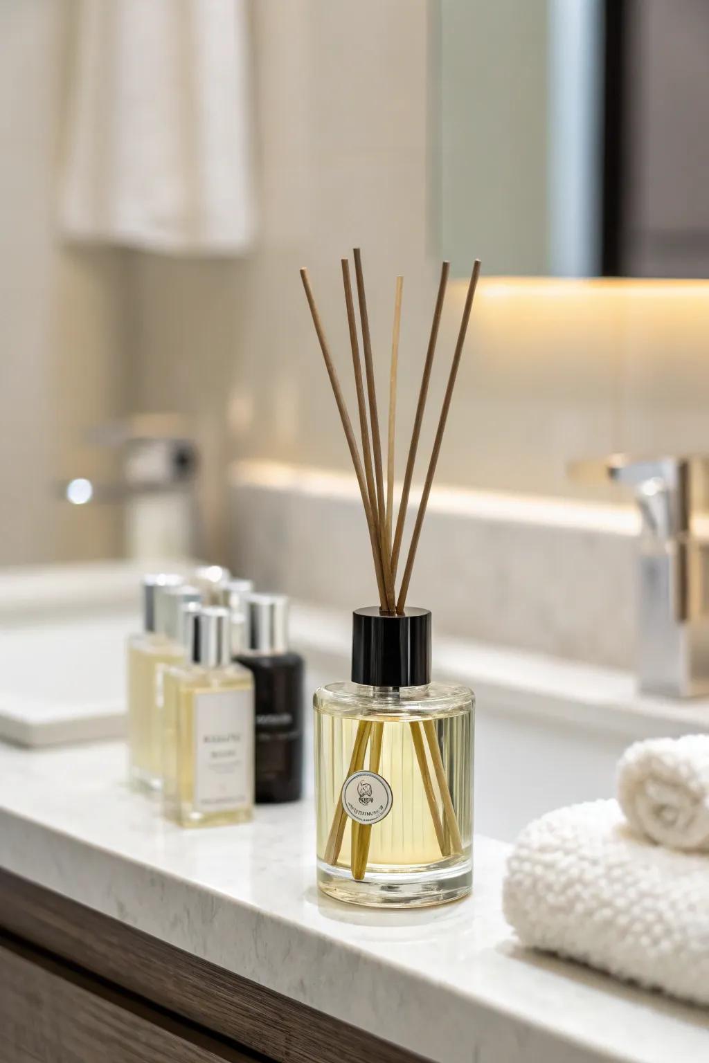 An aromatic dispenser adds fragrance and style to the bathroom.