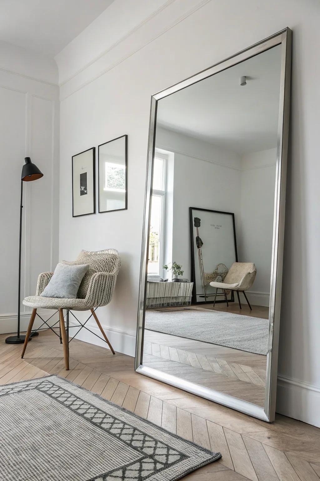 Unframed glasses supply a streamlined, minimalist accent.