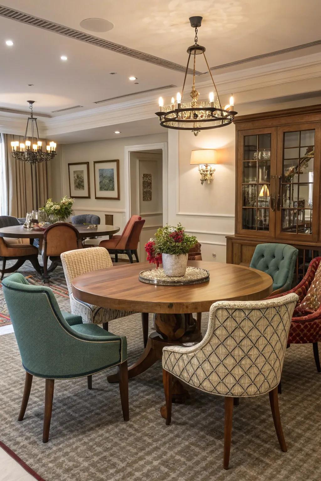 Mixing seating styles can punch up your dining room and bring some fun to the table.
