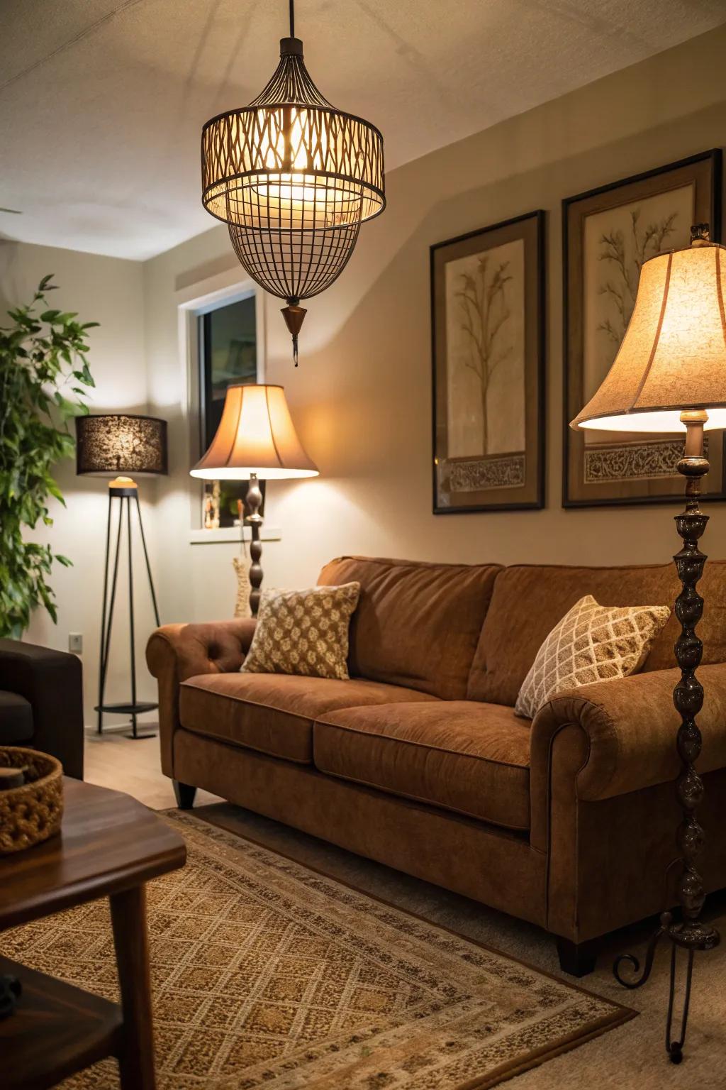 Layered lighting adds flexibility and mood-setting options around the cacao sofa.