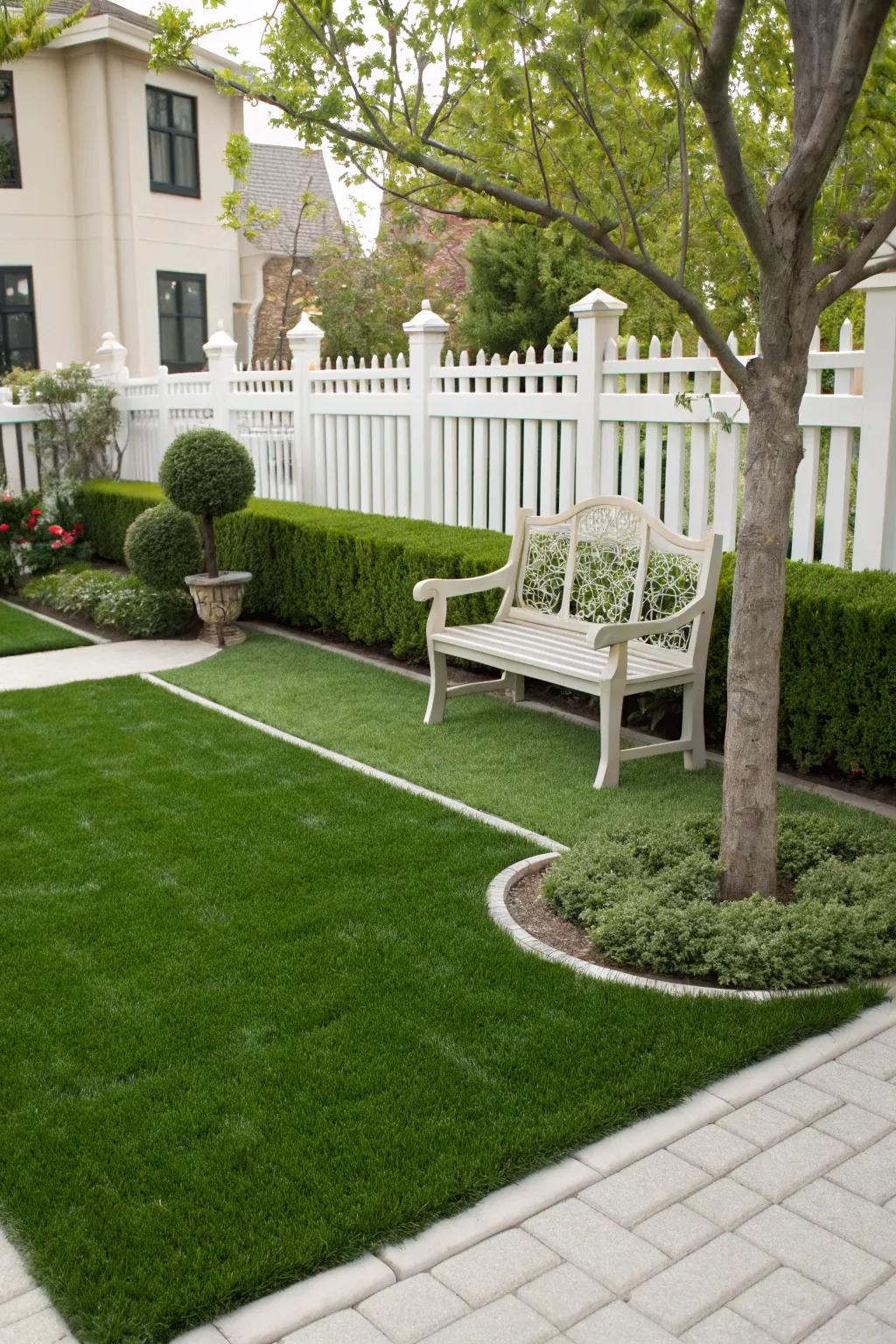 A charming bench invites relaxation on the artificial grass lawn.
