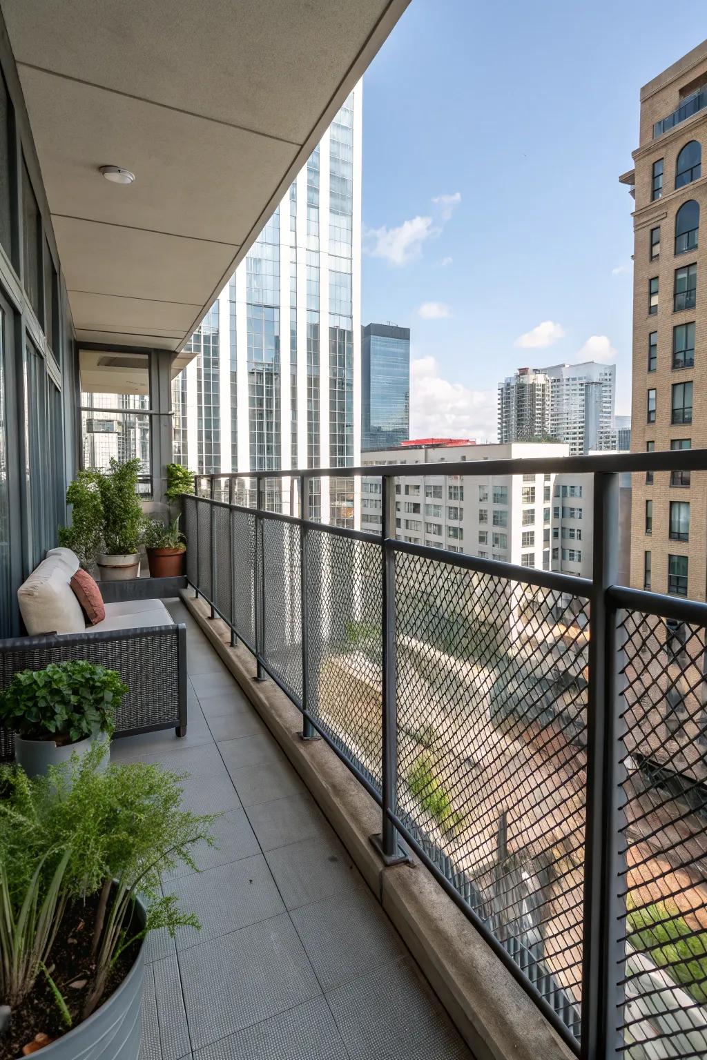 Balcony with metal mesh panel railings in an urban loft