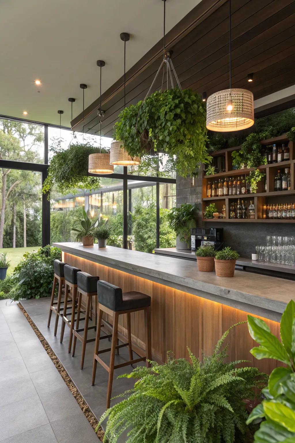 Greenery brings a trace of nature to this contemporary bar.