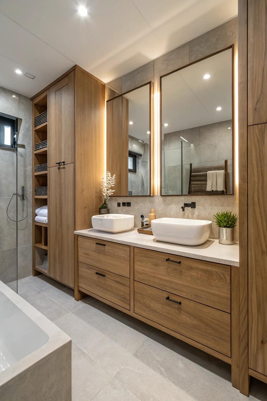 Eco-conscious materials provide sustainability and style in contemporary restrooms.