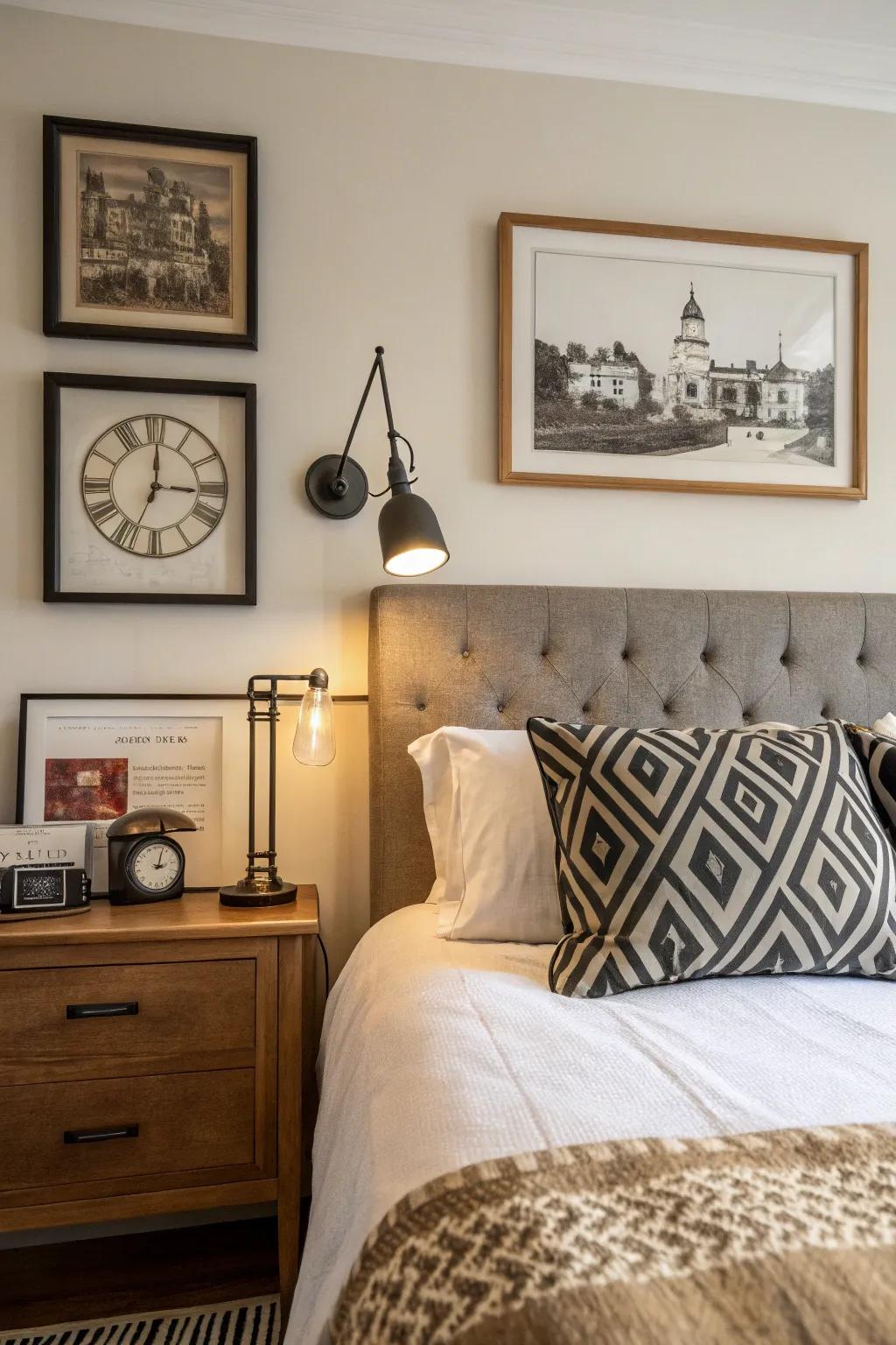 Yesterday pieces add charm to a modern bed wall layout.
