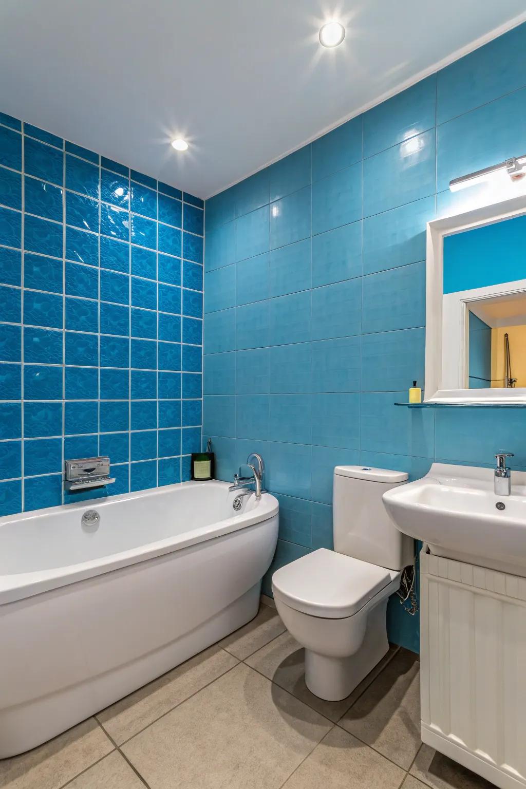 An azure accent wall injects depth and character into this contemporary bathroom.