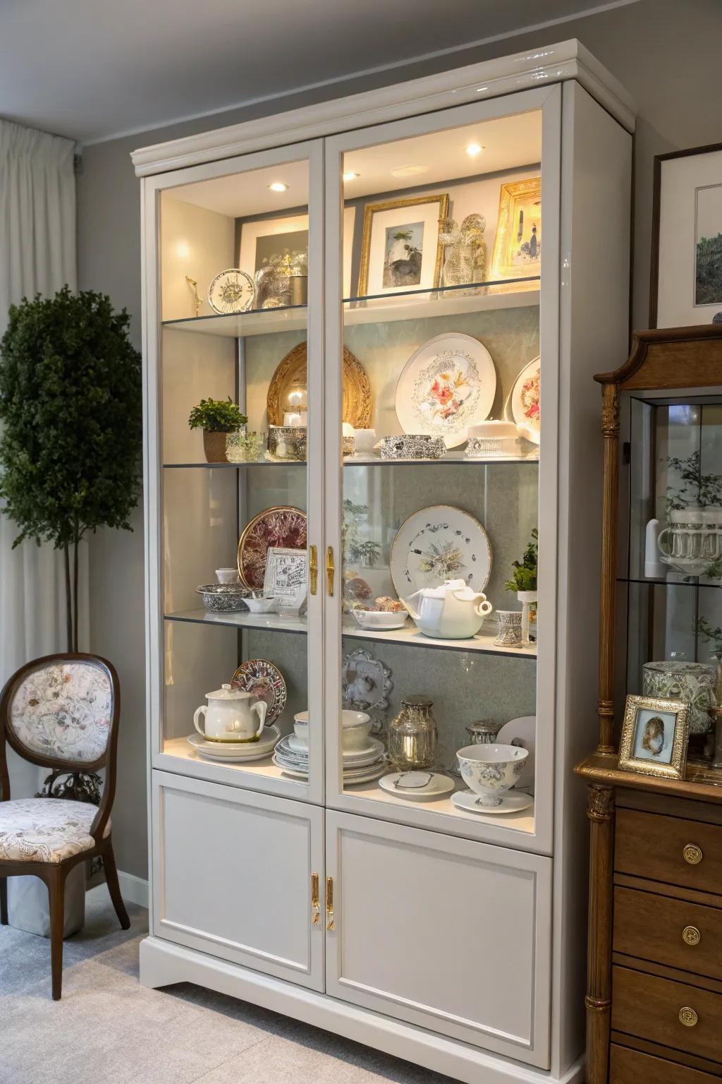 Personal mementos add character to a china cabinet.