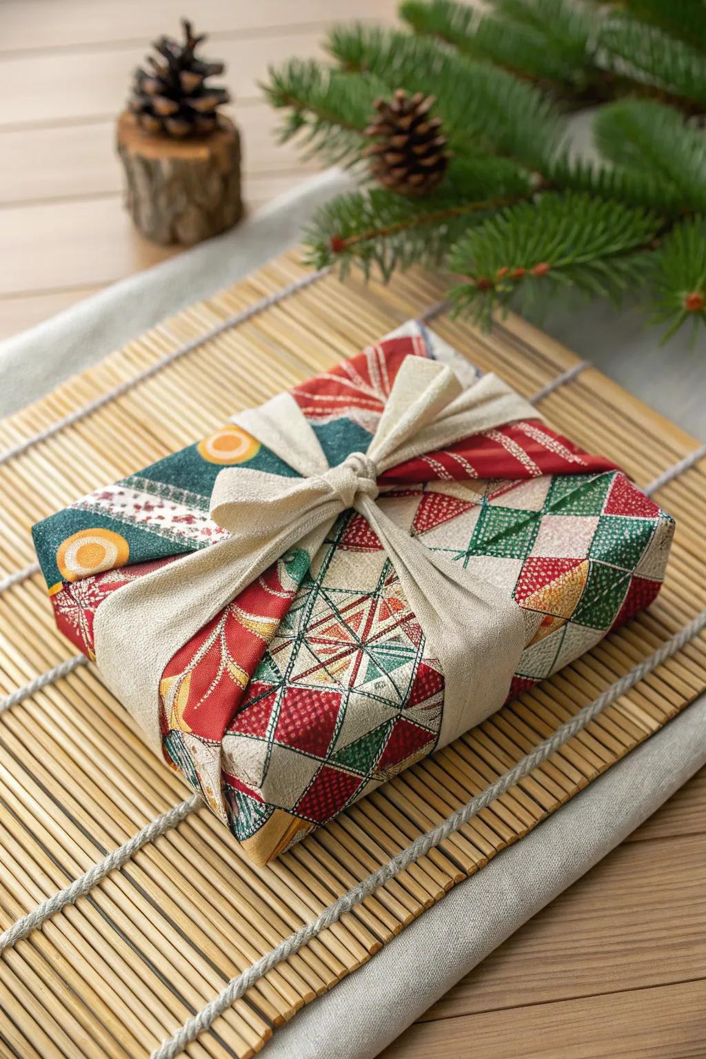 A furoshiki wrapped gift, displaying the sophistication and sustainability of classic Japanese wrapping practices.