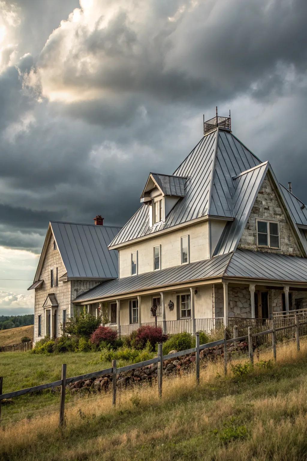 Architectural drama: A farmhouse featuring sloping metal roofs.