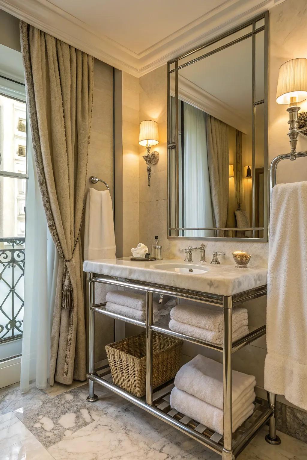 Cotton towels and linen curtains in a powder room.