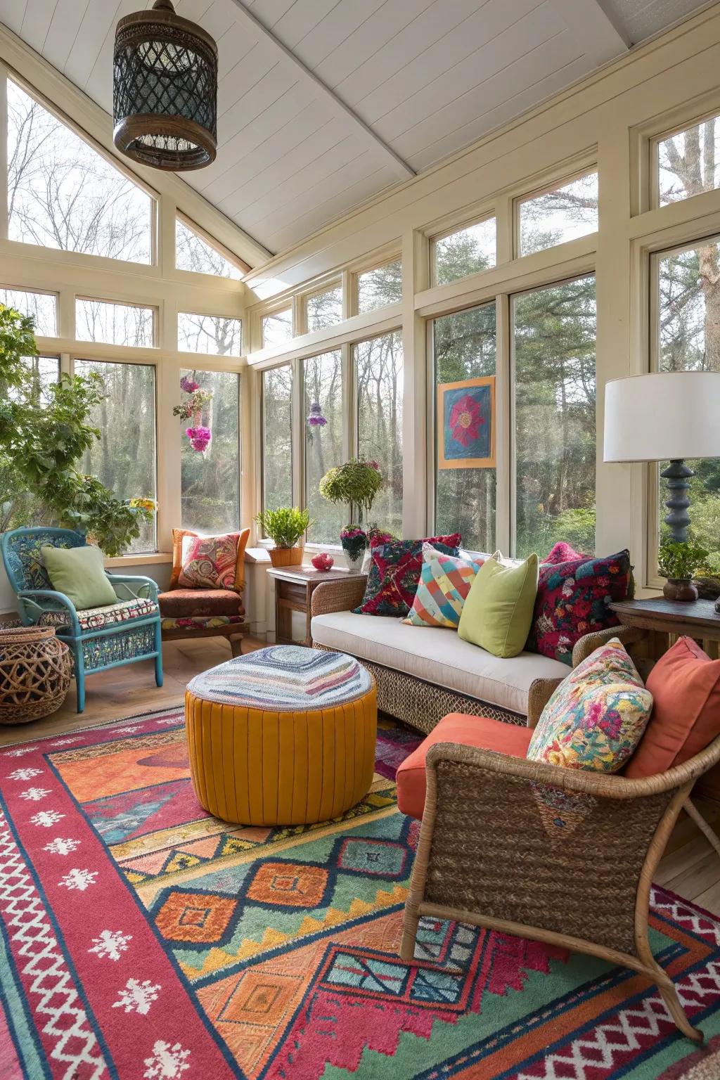 A varied combination of styles fashions a personalized and vibrant sunroom.