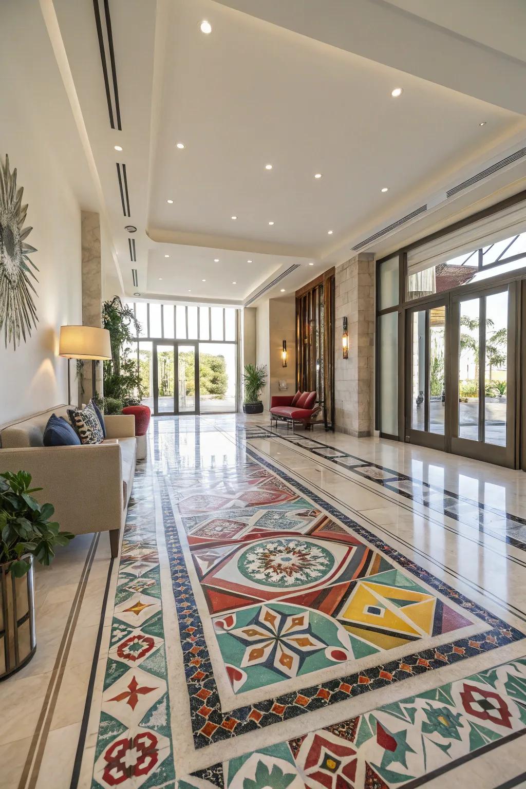 Striking ground covering conveys a daring impression in this updated entryway.