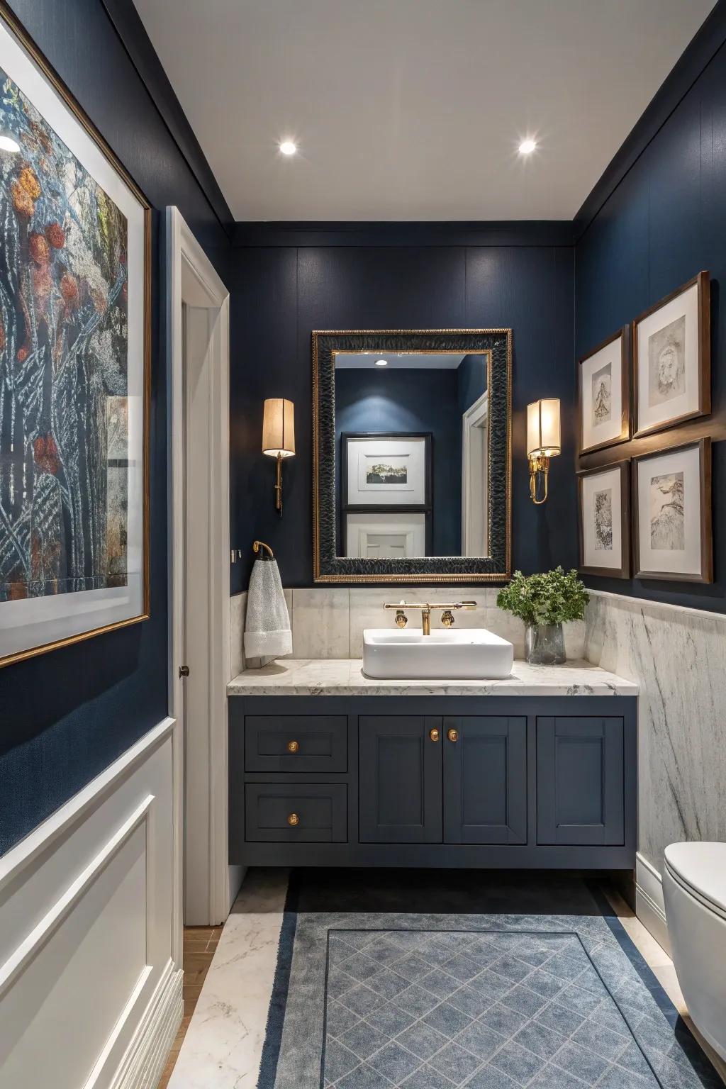 Contemporary artwork adds personality to deep sea bathrooms.