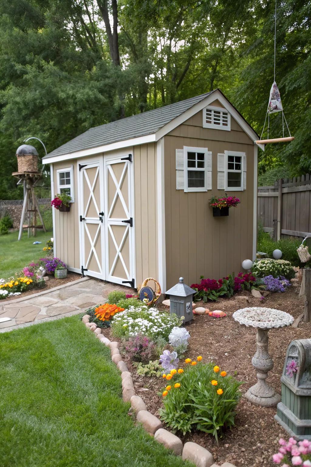 A warm taupe shed that offers whimsy and sophistication.