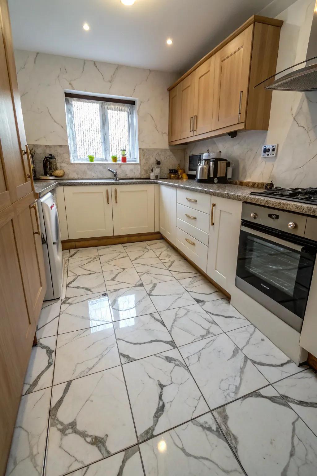 Marble-look tiles adding sophistication to a small kitchen