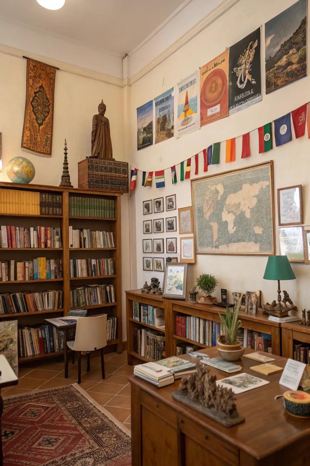 A study area enriched with cultural and travel-inspired decor.
