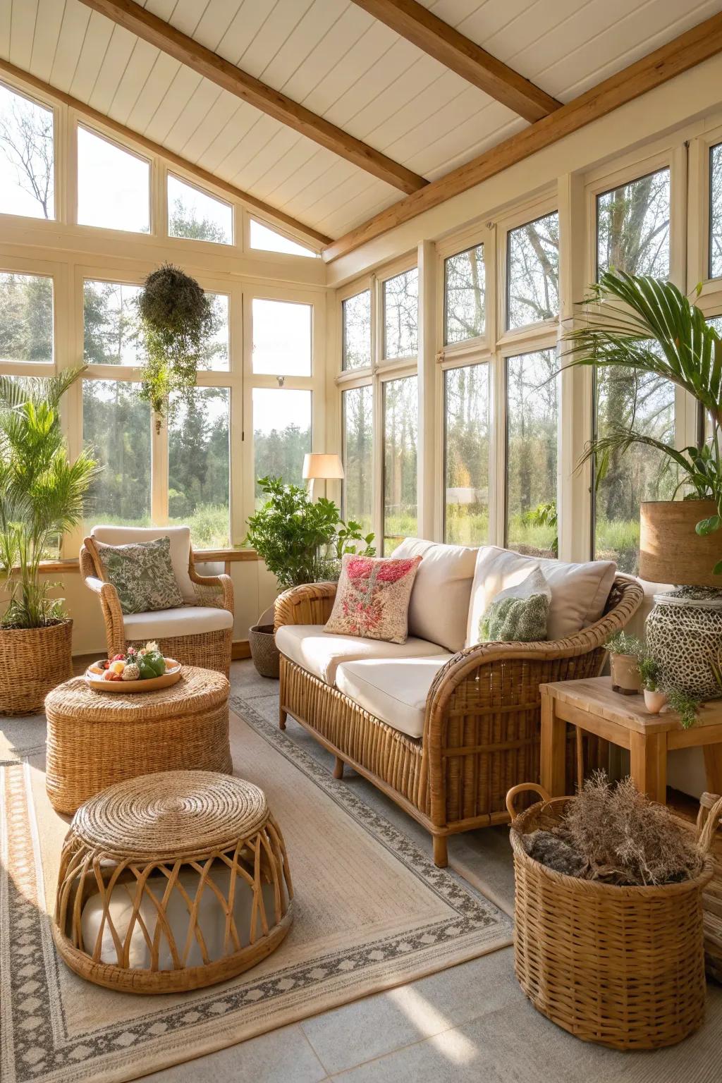 Timeless rattan furniture adds charm to this sunroom.