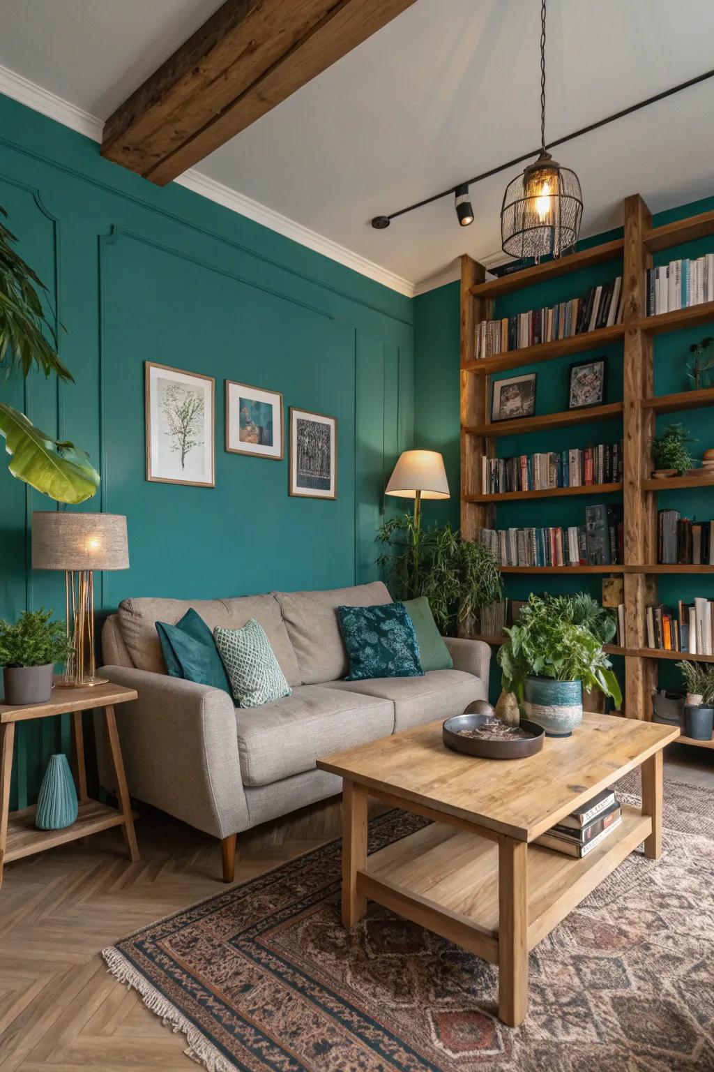 Teal and natural wood create an organic and warm living room ambiance.