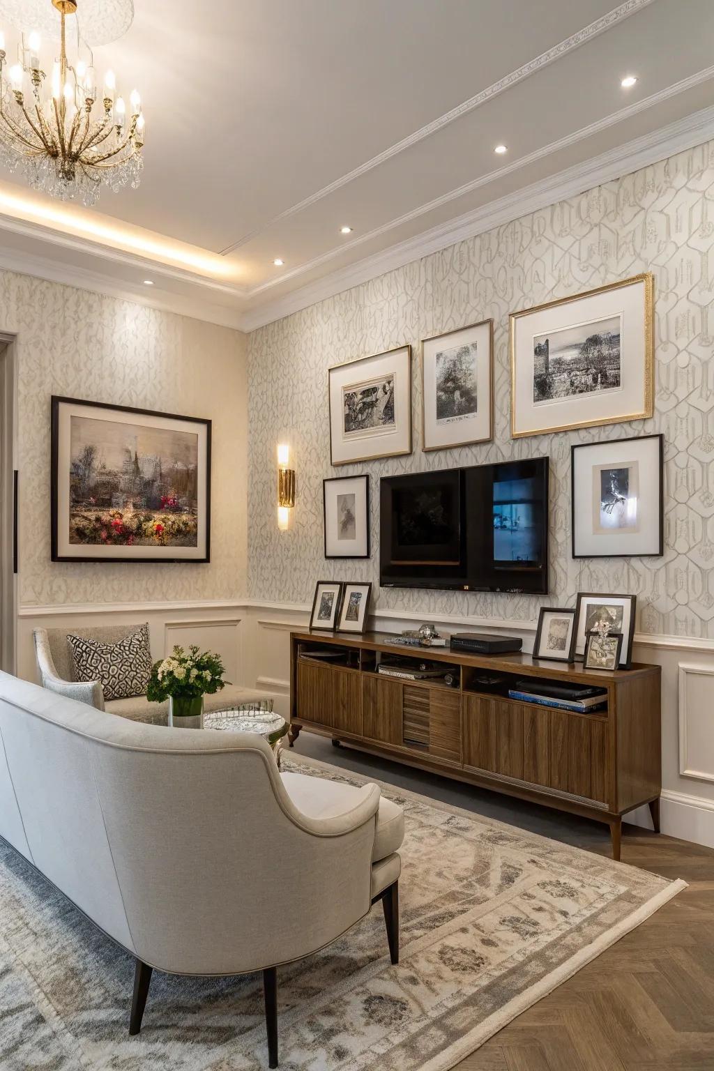 TV mounted as part of an art gallery wall.