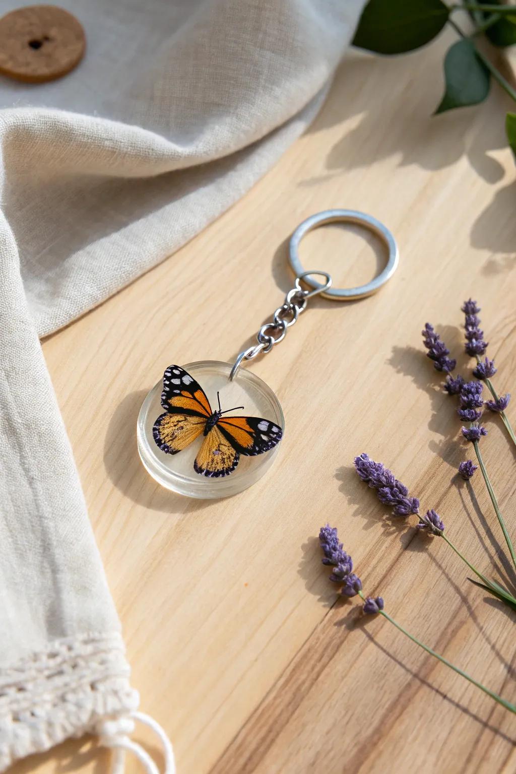 Capture the essence of handcrafted elegance with this stunning monarch butterfly resin keychain.