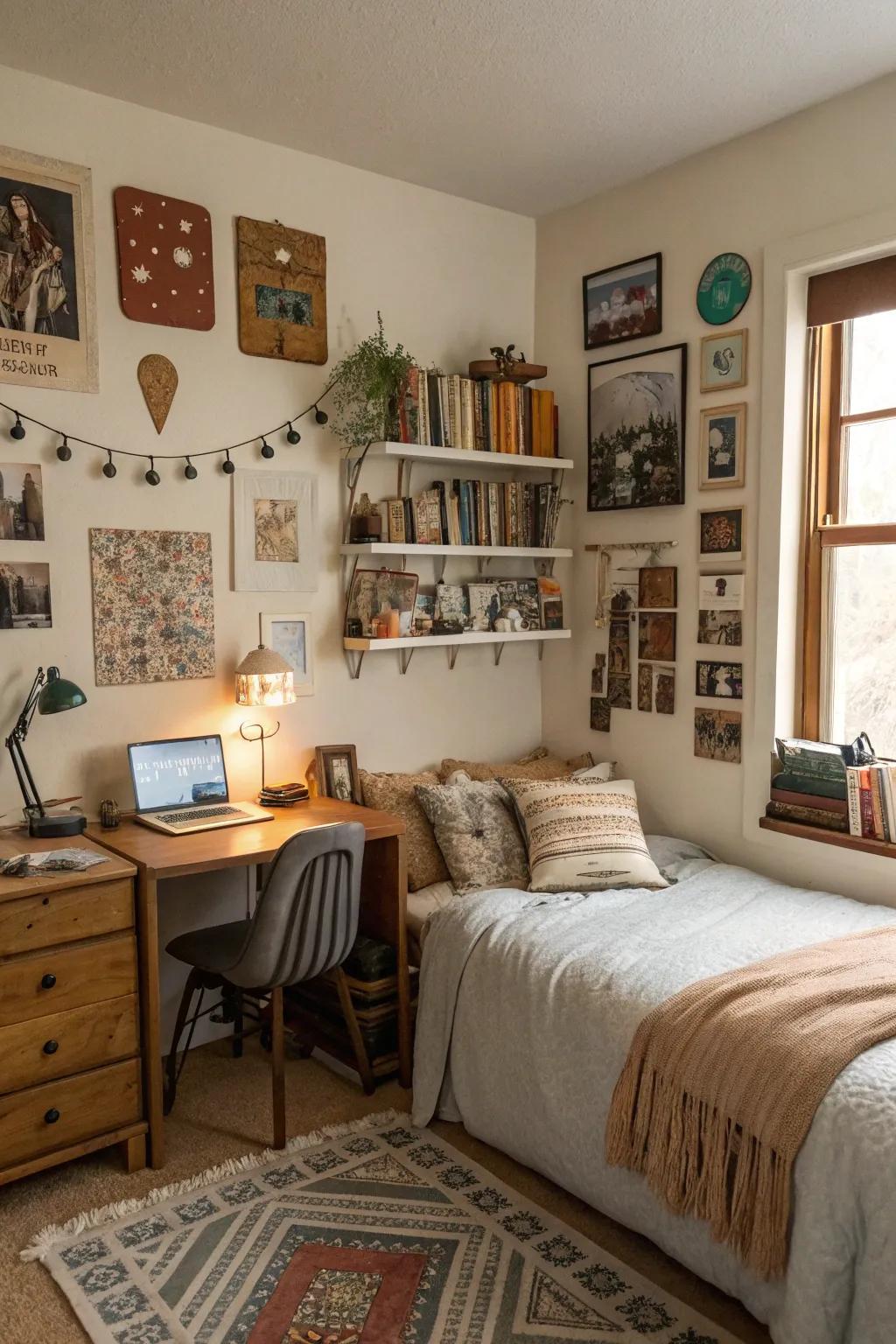 A relaxing bedroom featuring personal artifacts and unique decor pieces.