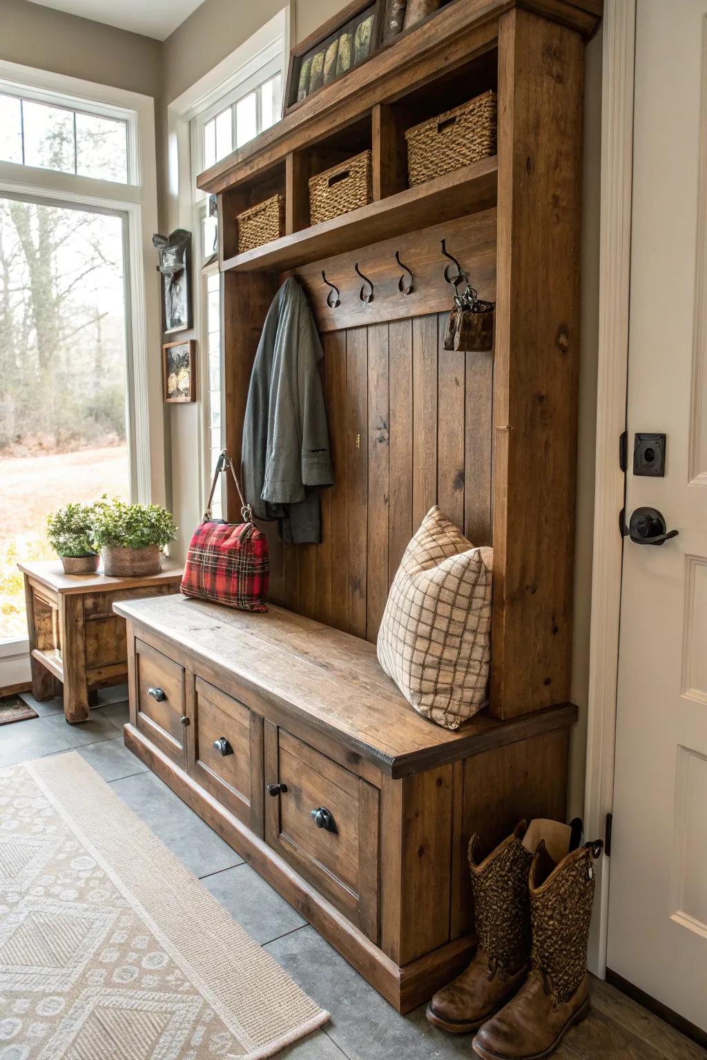 A timeless mudroom seating featuring aged design components.