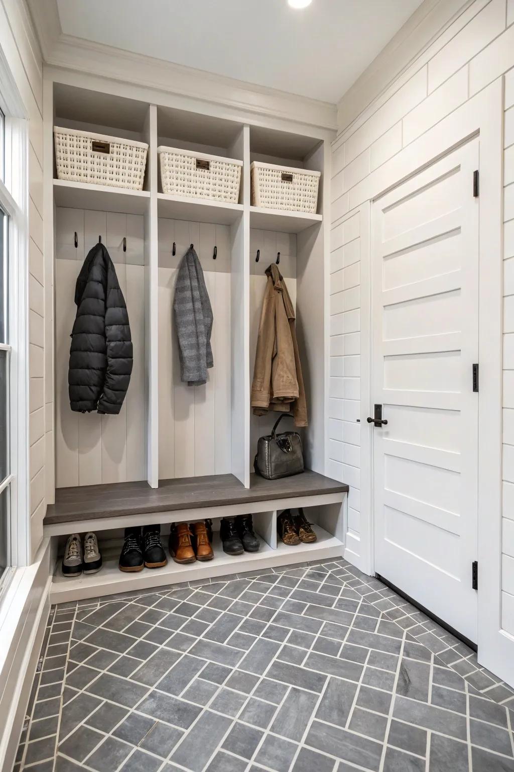 Monochrome tiles offer a simple, modern aesthetic.