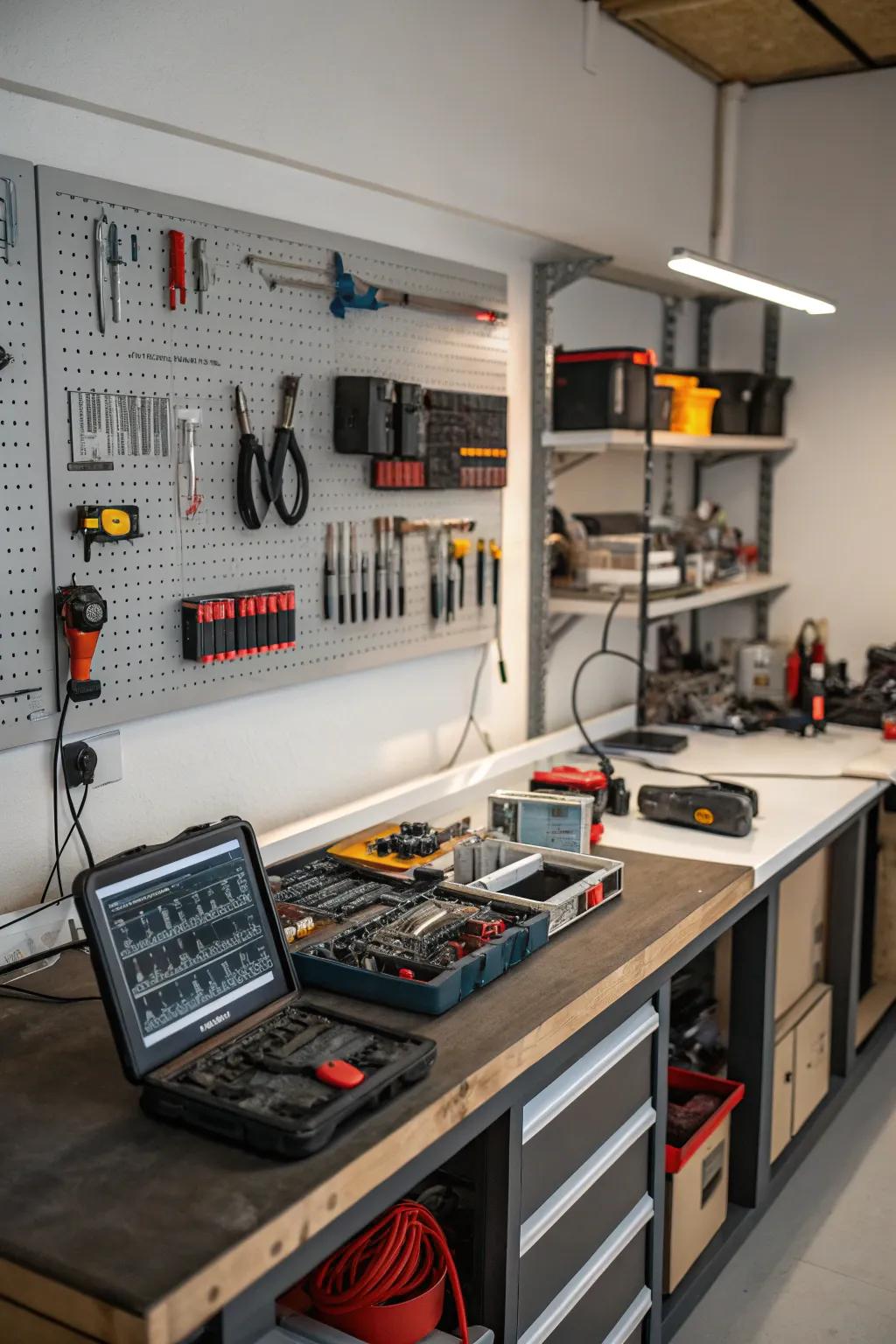 A tech station perfectly organized in a garage.