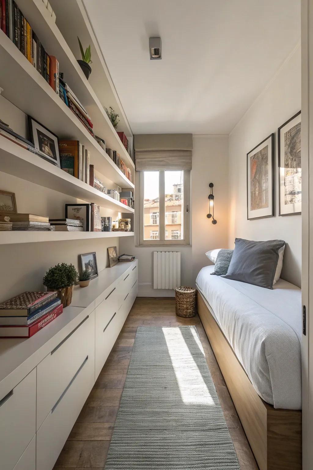 Floating furniture adds a modern touch while saving space in a narrow bedroom.