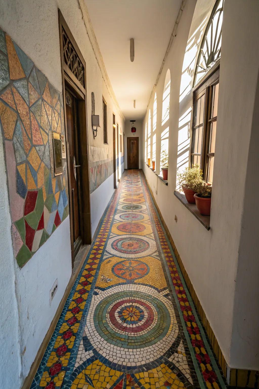 Art ground covers add a colorful and artistic touch to slim hallways.