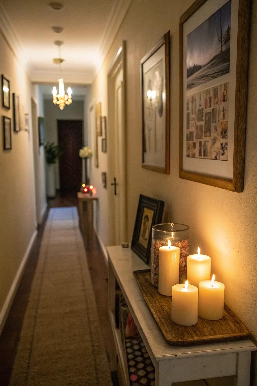 Candles add warmth and a cozy glow to narrow hallways.