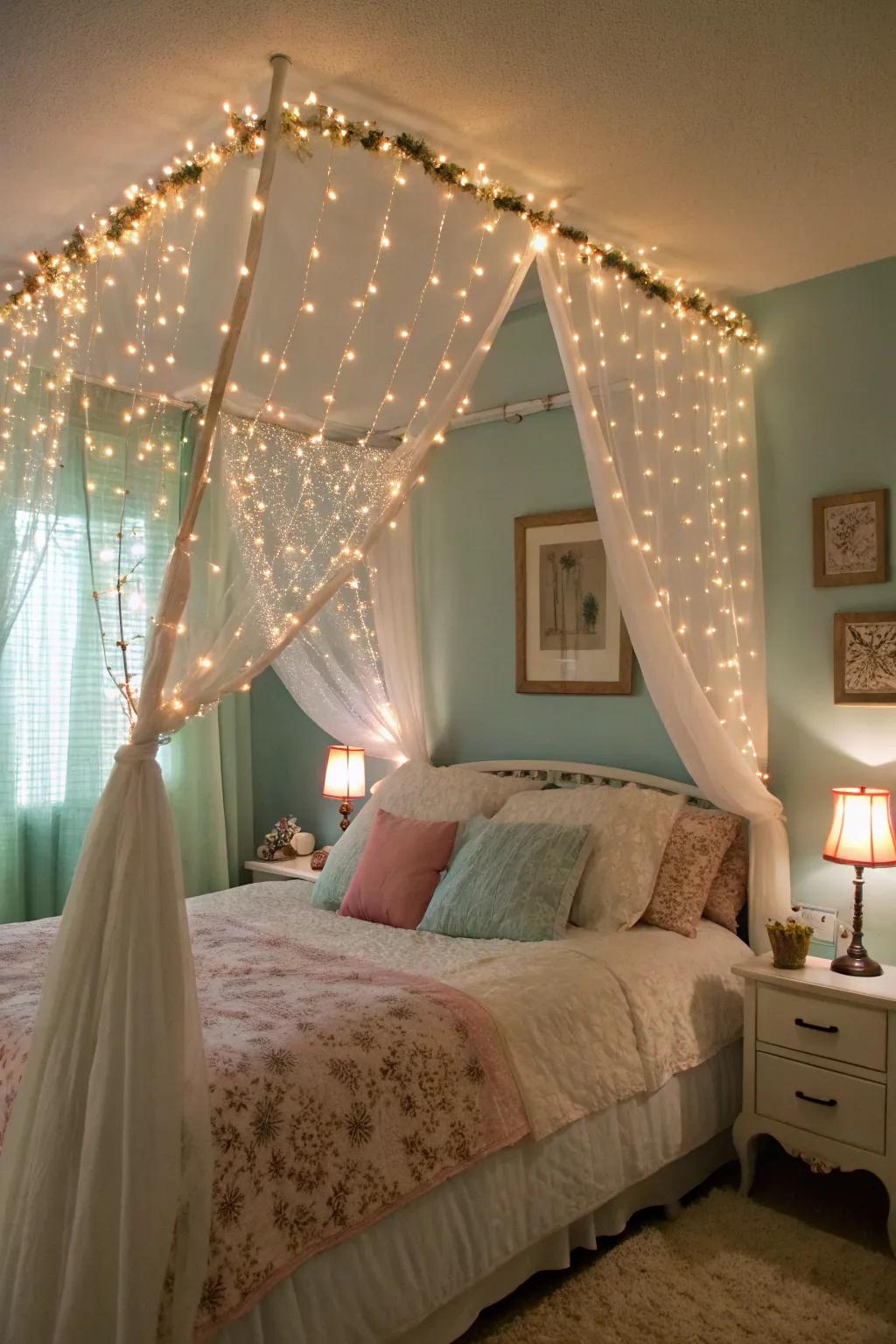 Forest-inspired lighting enhances the magical illumination of the bedroom.