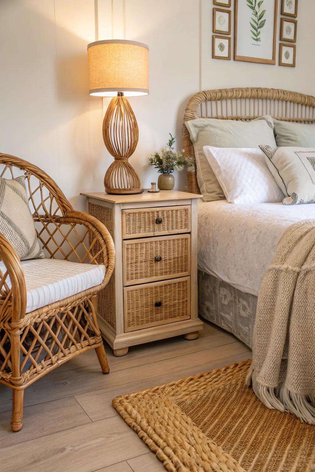 Wicker and rattan add texture and a tropical feel.