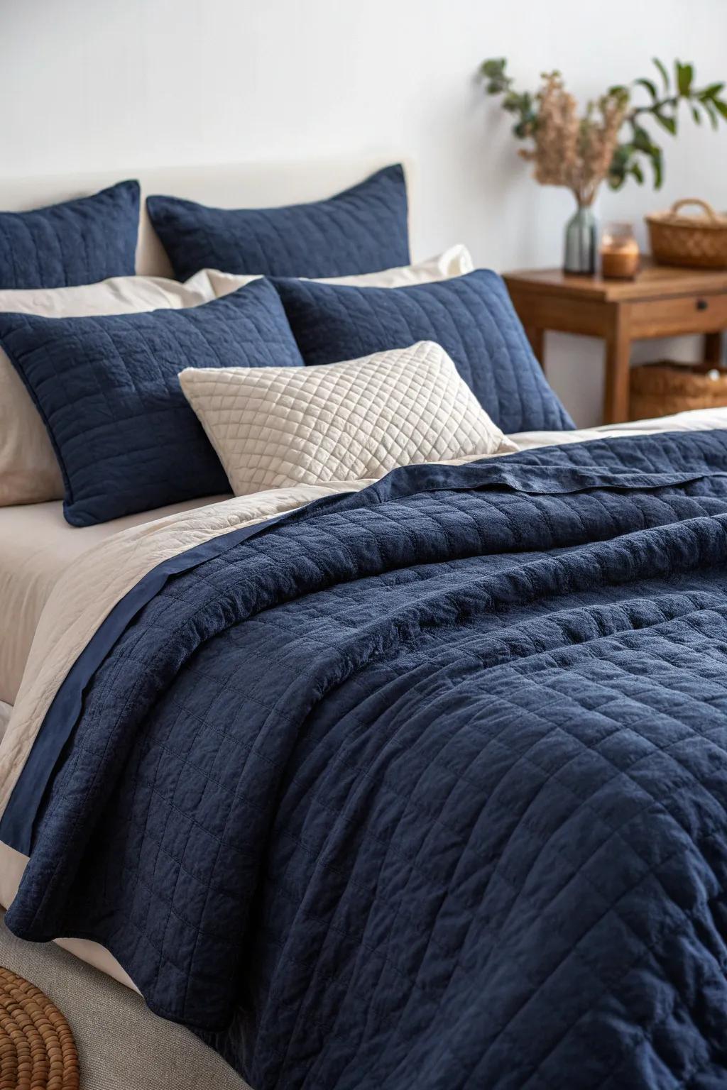 Invite touch with textured fabrics in your navy bedding.