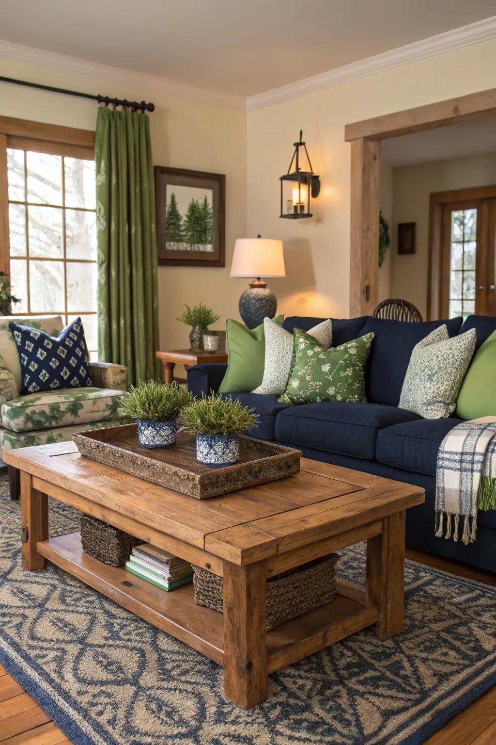 Rustic wood adds warmth and texture to the living room.